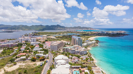 Aerial view of Maho and Simpson bay in the Caribbean island of St.Maarten. Caribbean island of  St.Martin - obrazy, fototapety, plakaty