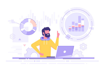 Handsome businessman analyzing data on his laptop and holding up his index finger. Data science concept. Business charts and diagrams. Modern vector illustration.