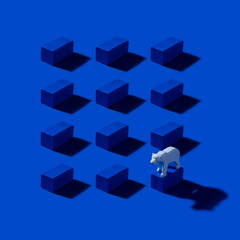 Fototapeta na wymiar Geometric pattern with blocks and polar bear on ocean blue background. Save the Arctic and Global warming concept