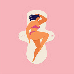 Woman sleeping on a large pad. Vector illustration on pink background.