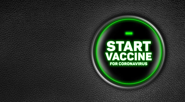 Vaccination and cure for  coronavirus: concept: Green lighted car engine start button on leather dashboard. Start vaccine for coronavirus text on it. Large copy space on black leather background.