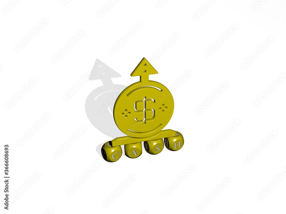 Poster 3d representation of cash with icon on the wall and text arranged by metallic cubic letters on a mir