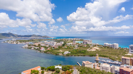 Naklejka na ściany i meble Aerial view of Maho and Simpson bay in the Caribbean island of St.Maarten