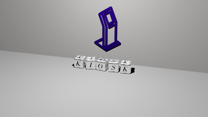 3D illustration of KIOSK graphics and text made by metallic dice letters for the related meanings of the concept and presentations. editorial and food