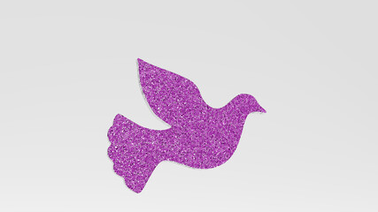 BIRD made by 3D illustration of a shiny metallic sculpture on a wall with light background. animal and beautiful