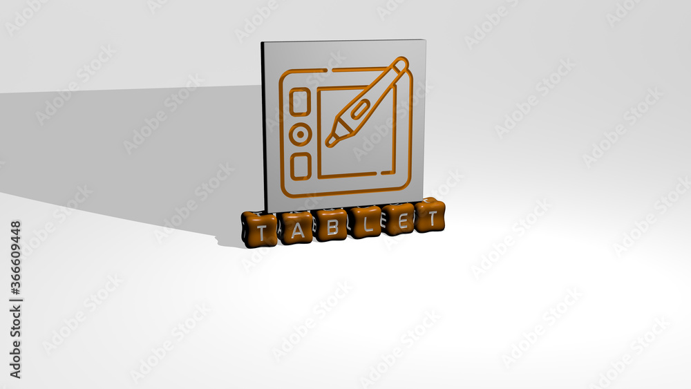 Fototapete 3d illustration of tablet graphics and text made by metallic dice letters for the related meanings o