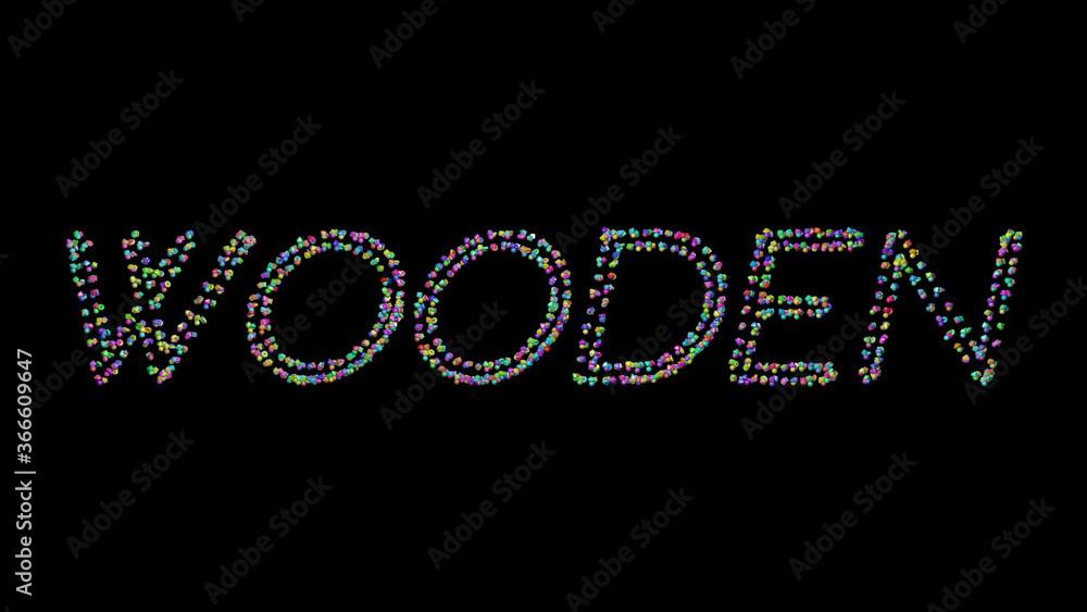 Poster wooden: 3d illustration of the text made of small objects over a black background with shadows. tabl