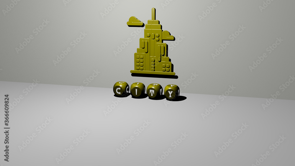 Poster 3d graphical image of city vertically along with text built by metallic cubic letters from the top p
