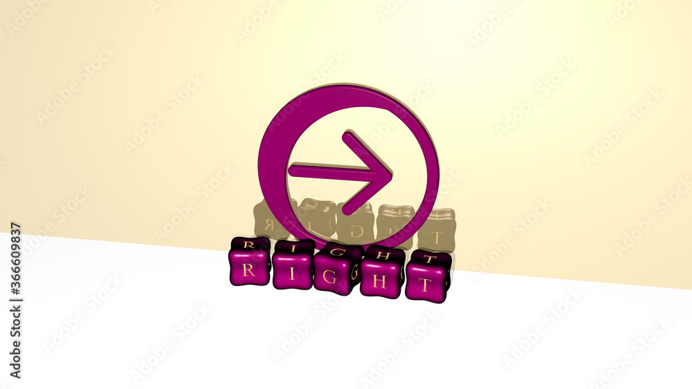 Poster 3d illustration of right graphics and text made by metallic dice letters for the related meanings of