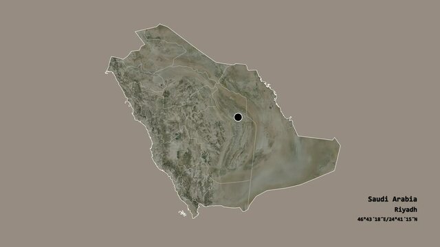 Al Madinah, region of Saudi Arabia, with its capital, localized, outlined and zoomed with informative overlays on a satellite map in the Stereographic projection. Animation 3D