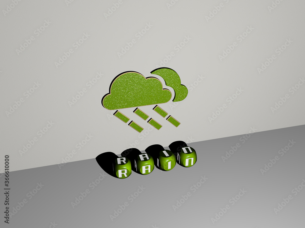 Poster 3d graphical image of rain vertically along with text built by metallic cubic letters from the top p