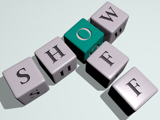 combination of cats dogs: SHOW OFF built by cubic letters from the top perspective, excellent for the concept presentation. editorial and illustration