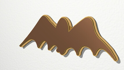 bat made by 3D illustration of a shiny metallic sculpture on a wall with light background. halloween and black