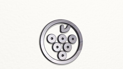 wine grapes from a perspective on the wall. A thick sculpture made of metallic materials of 3D rendering. background and alcohol