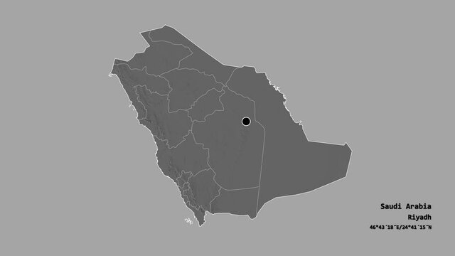 Ar Riyad, region of Saudi Arabia, with its capital, localized, outlined and zoomed with informative overlays on a bilevel map in the Stereographic projection. Animation 3D