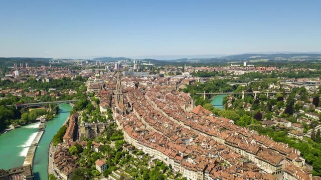 sunny day bern riverside cityscape aerial panoramic 4k timelapse switzerland