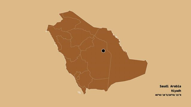 Ar Riyad, region of Saudi Arabia, with its capital, localized, outlined and zoomed with informative overlays on a solid patterned map in the Stereographic projection. Animation 3D
