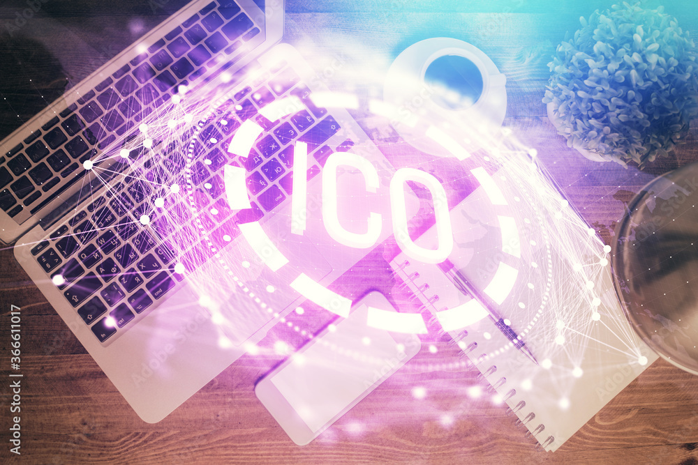 Poster Blockchain theme hologram drawings over computer on the desktop background. Top view. Double exposure.