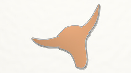 bull head on the wall. 3D illustration of metallic sculpture over a white background with mild texture. animal and cow