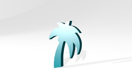 palm tree made by 3D illustration of a shiny metallic sculpture on a wall with light background. beach and tropical