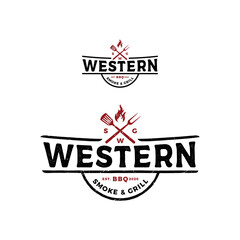 Vintage Grill Barbeque barbecue bbq with crossed fork and fire flame Label Stamp Logo design vector