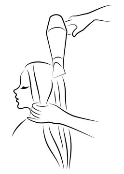 recommend clip art: The main profile of a lovely lady. Girl in a beauty salon. Hair is dried with a hairdryer, hair is done. Vector illustration.
