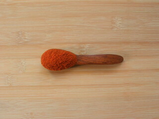 Red color Chili powder on wooden spoon