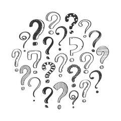 Set of hand drawn question marks, doodle questions on a white background arranged in a circle, vector illustration.