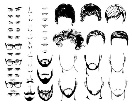 Constructor with men hipster haircuts, glasses, beards, mustaches, eyes, nose, mouth Vector illustration
