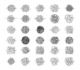 Set of chaos clews Hand drawn tangled clews, scribble lines or doodle scribbles symbols. Vector illustration. Isolated on a white background.