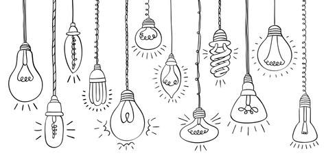Bulbs of different types hand drawn doodle bulb set fluorescent, filament, halogen, diode and other illumination electric shop ideas.