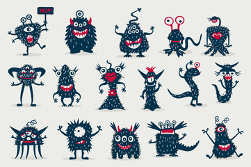 Cute black monster set, isolated on white background, cartoon monsters, doodle style, vector illustration. © nataliasheinkin
