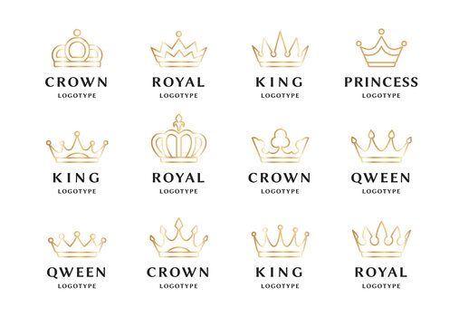 Set of royal gold crowns, icons and logos. Isolated luxury logo for branding, label, hotel, graphic design. Collection logos of crowns for royal persons, king, queen, princess. Vector Illustration