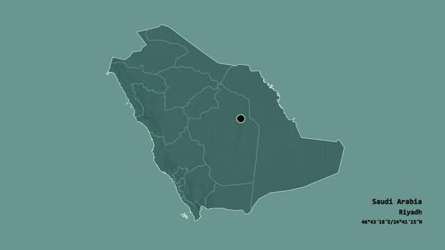 Tabuk, region of Saudi Arabia, with its capital, localized, outlined and zoomed with informative overlays on a administrative map in the Stereographic projection. Animation 3D