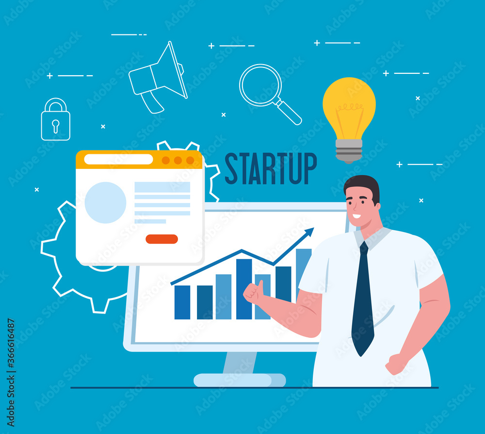 Poster business start up concept, banner, business object startup process, businessman with computer and we