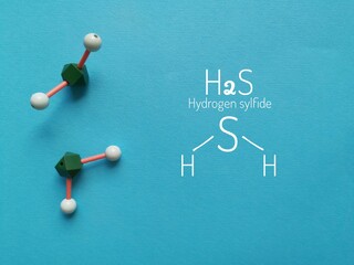 Structural chemical formula and molecular structure model of hydrogen sulfide molecule. Hydrogen...