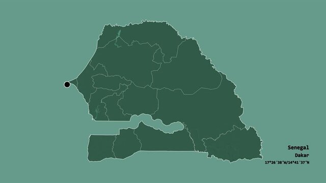 Diourbel, region of Senegal, with its capital, localized, outlined and zoomed with informative overlays on a administrative map in the Stereographic projection. Animation 3D