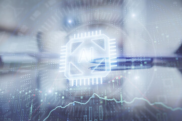 Double exposure of Ai data theme drawing over coffee cup background in office.