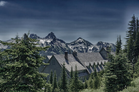 Paradise Inn With Tatoosh Range In Background