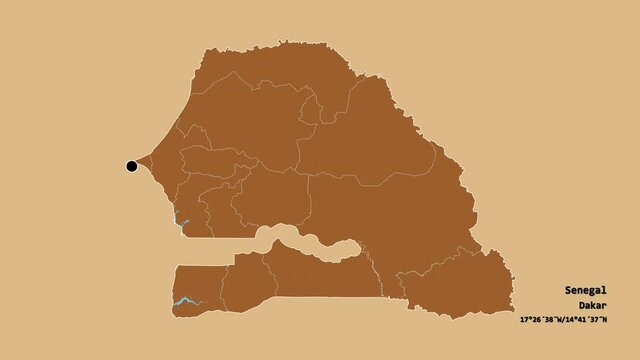 Diourbel, region of Senegal, with its capital, localized, outlined and zoomed with informative overlays on a solid patterned map in the Stereographic projection. Animation 3D