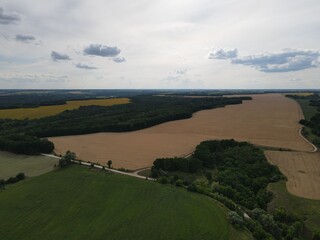 Aerial view of rural summer landscape and village