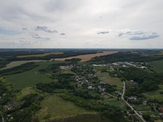 Aerial view of rural summer landscape and village