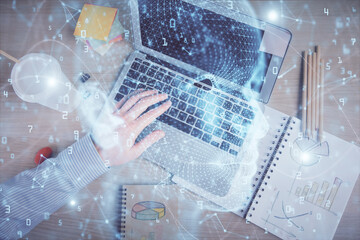 Double exposure of man's hands typing over computer keyboard and brain hologram drawing. Top view. Ai and data technology concept.