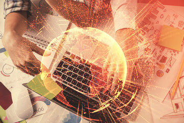 Double exposure of man and woman working together and social network theme hologram drawing. Computer background. connecting concept. Top View.