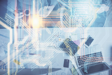 Double exposure of man and woman working together and world map hologram drawing. international network concept. Computer background. Top View.