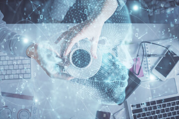 Double exposure of man and woman working together and human brain hologram drawing. Brainstorm concept. Computer background. Top View.