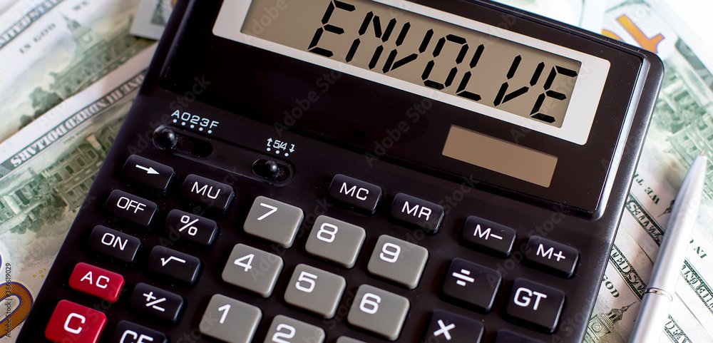 Poster calculator with the word envolve on the display