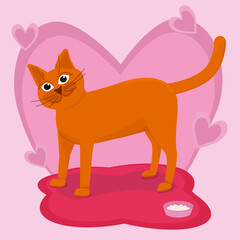 red smiling cat on a pink background, picture for international cat day