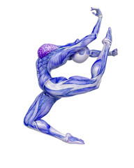 female bodybuilding in muscle maps doing a jump ballet dance in white background close up view