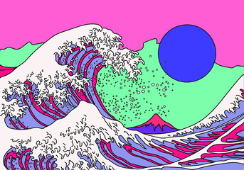 Great Wave in Vaporwave Pop Art style. View on the Mount Fuji and ocean's crest leap. Stylized vector line art illustration of 19th century Japanese print. 